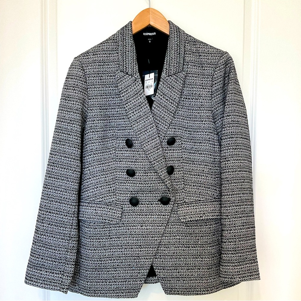 Express Blazer double breasted tweed metallic silver and black NWT